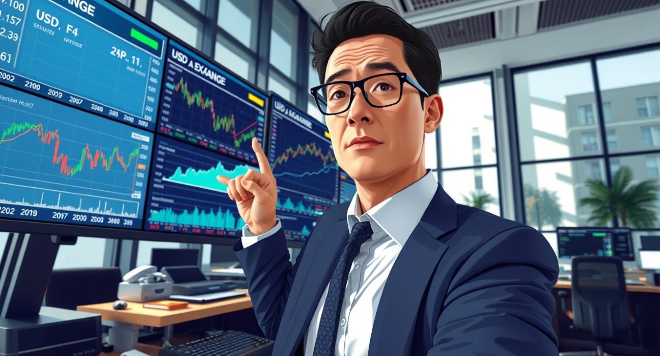 Financial analyst examining Federal Reserve rate hike implications and USD currency data in trading environment