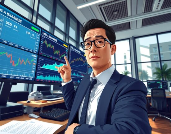 Financial analyst examining Federal Reserve rate hike implications and USD currency data in trading environment