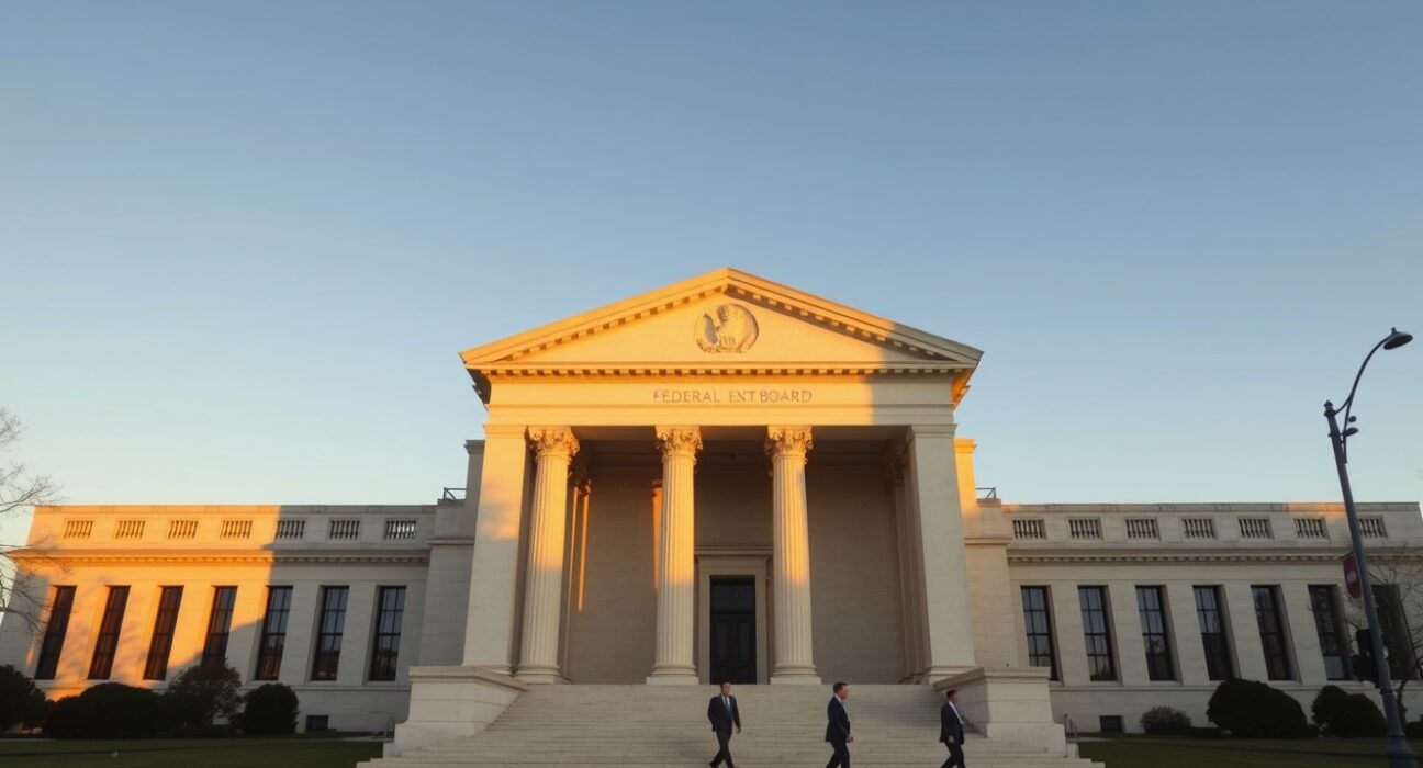 Federal Reserve building facade with professionals walking nearby, representing Fed rate hike probability for April 2027.