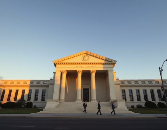Federal Reserve building facade with professionals walking nearby, representing Fed rate hike probability for April 2027.