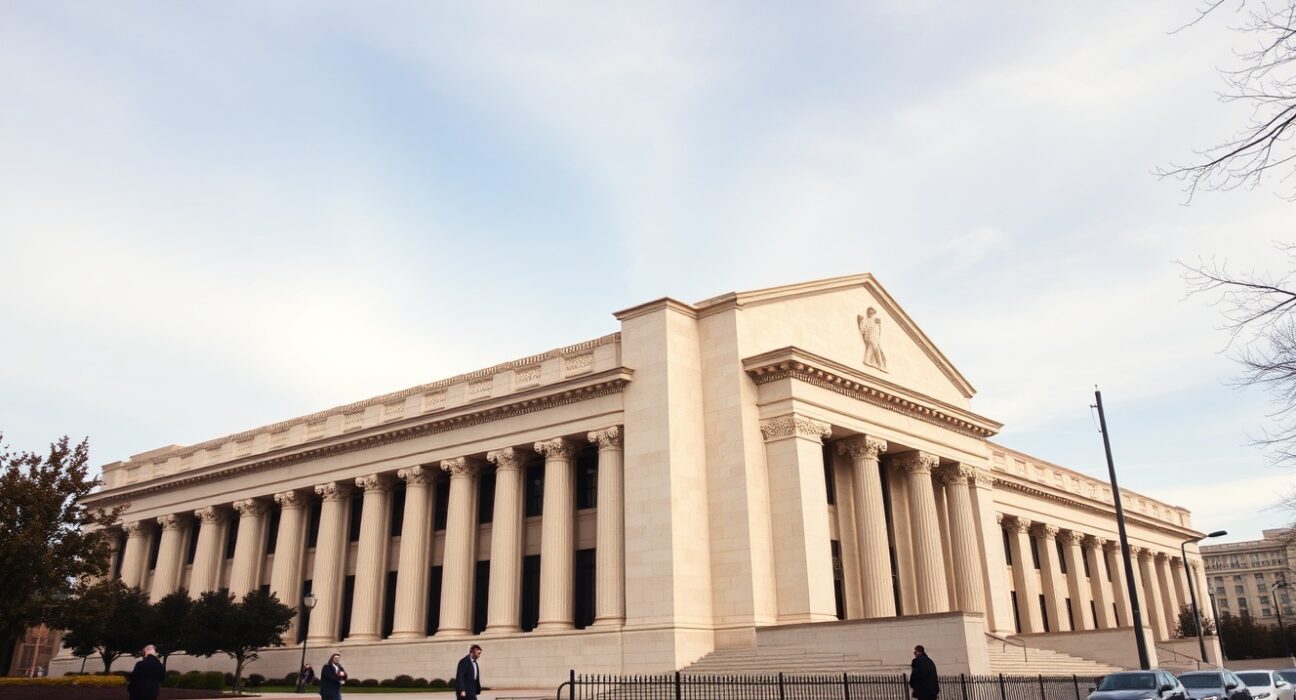 Exterior view of the Federal Reserve building in Washington, D.C., under overcast skies.