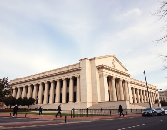 Exterior view of the Federal Reserve building in Washington, D.C., under overcast skies.