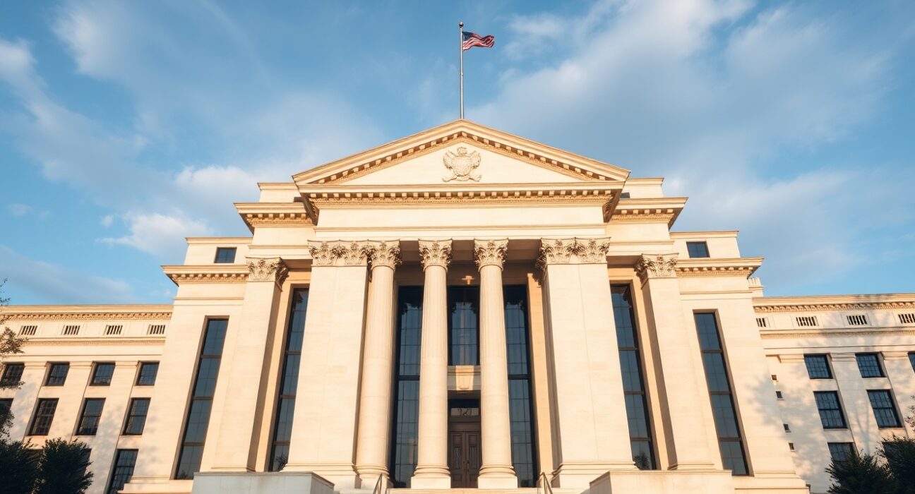 Federal Reserve Building in Washington, D.C., under partly cloudy sky