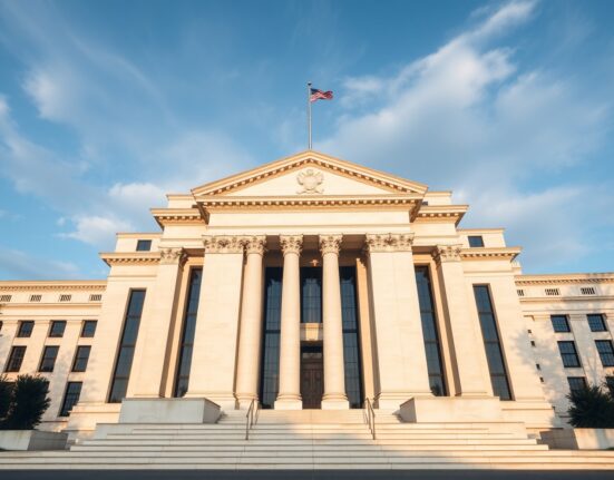 Federal Reserve Building in Washington, D.C., under partly cloudy sky