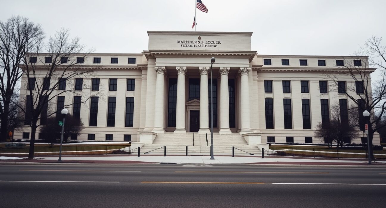Exterior of the Federal Reserve building in Washington, D.C., on a cloudy day.