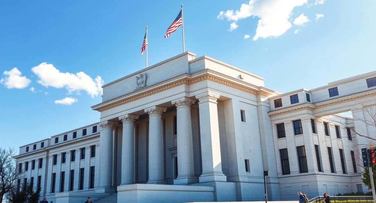 Federal Reserve building with a 98.6% probability of a rate hold in June as indicated by CME FedWatch data