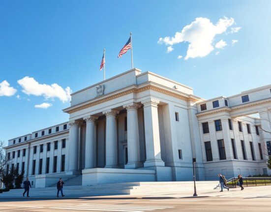 Federal Reserve building with a 98.6% probability of a rate hold in June as indicated by CME FedWatch data