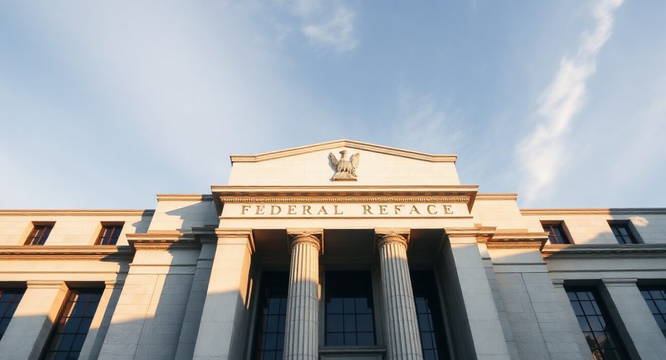 Federal Reserve building in Washington D.C. on a clear day, representing monetary policy and interest rate decisions.