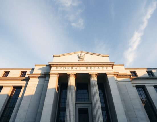 Federal Reserve building in Washington D.C. on a clear day, representing monetary policy and interest rate decisions.