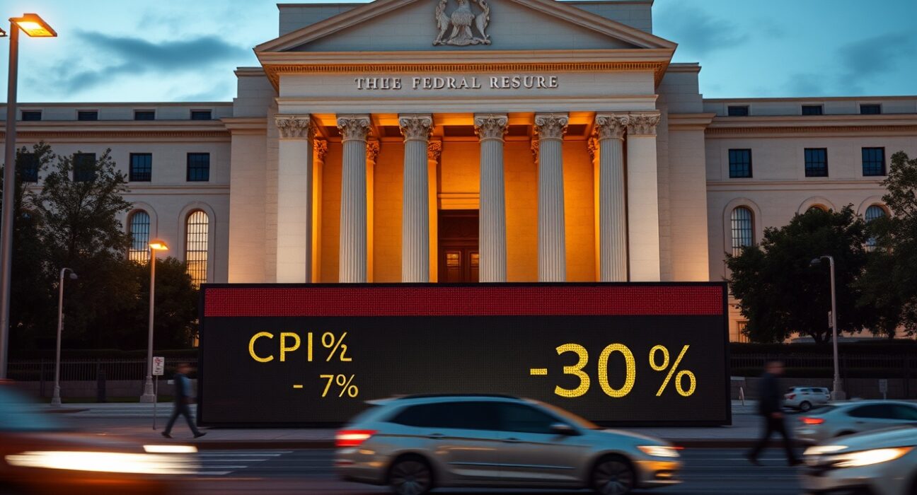 Federal Reserve building with economic data display showing key indicators for monetary policy decisions
