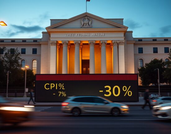 Federal Reserve building with economic data display showing key indicators for monetary policy decisions