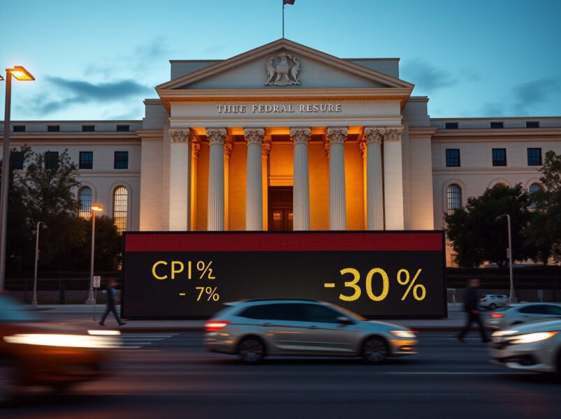 Federal Reserve building with economic data display showing key indicators for monetary policy decisions