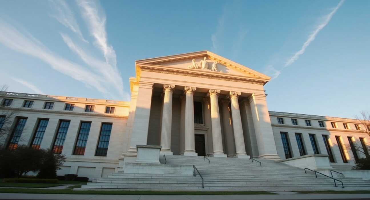Exterior view of the Federal Reserve building in Washington, D.C., under late afternoon sunlight.