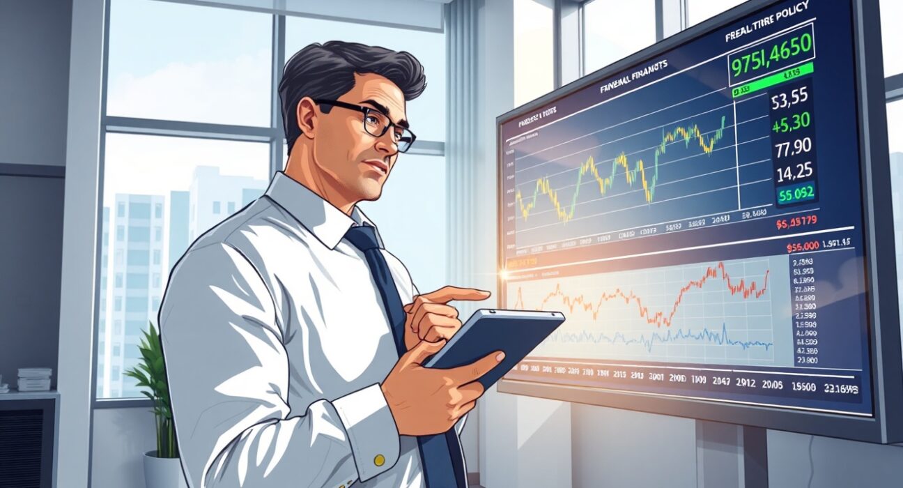 Financial analyst examining Federal Reserve policy data and USD currency charts in professional setting
