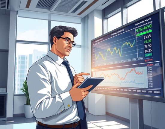 Financial analyst examining Federal Reserve policy data and USD currency charts in professional setting