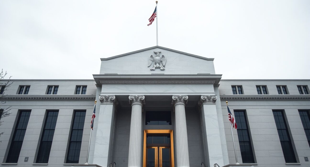 Exterior of the Federal Reserve building in Washington D.C. on a cloudy afternoon.