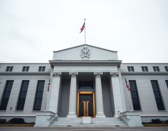 Exterior of the Federal Reserve building in Washington D.C. on a cloudy afternoon.
