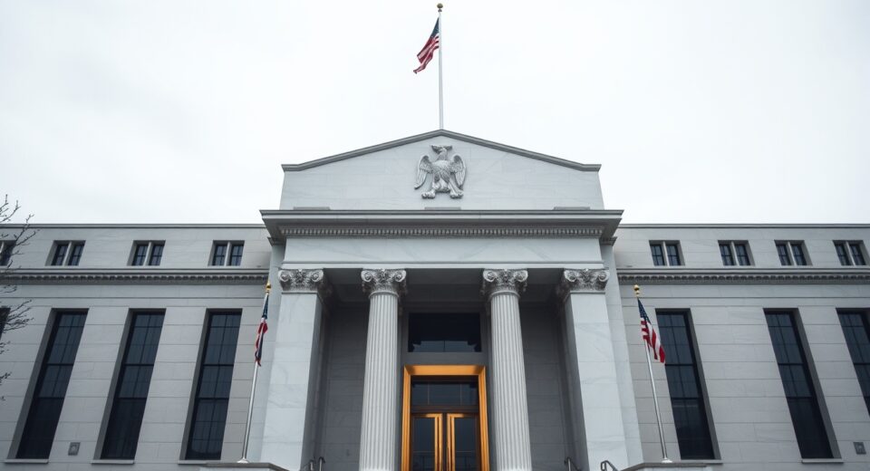 Exterior of the Federal Reserve building in Washington D.C. on a cloudy afternoon.