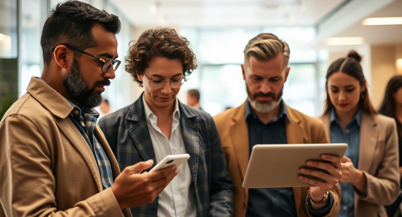 Adults using smartphones for digital payments and viewing crypto charts in a modern setting.