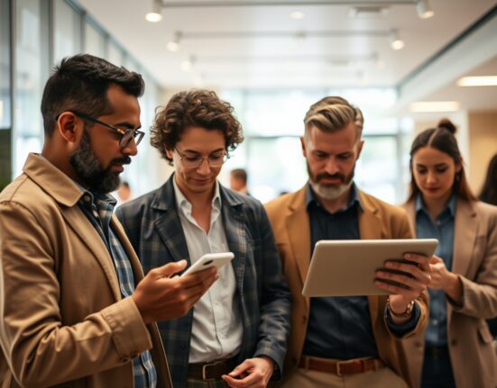 Adults using smartphones for digital payments and viewing crypto charts in a modern setting.