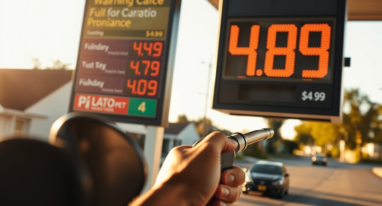 A driver at a gas station pauses while refueling as a price sign shows high fuel costs.