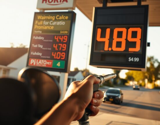 A driver at a gas station pauses while refueling as a price sign shows high fuel costs.