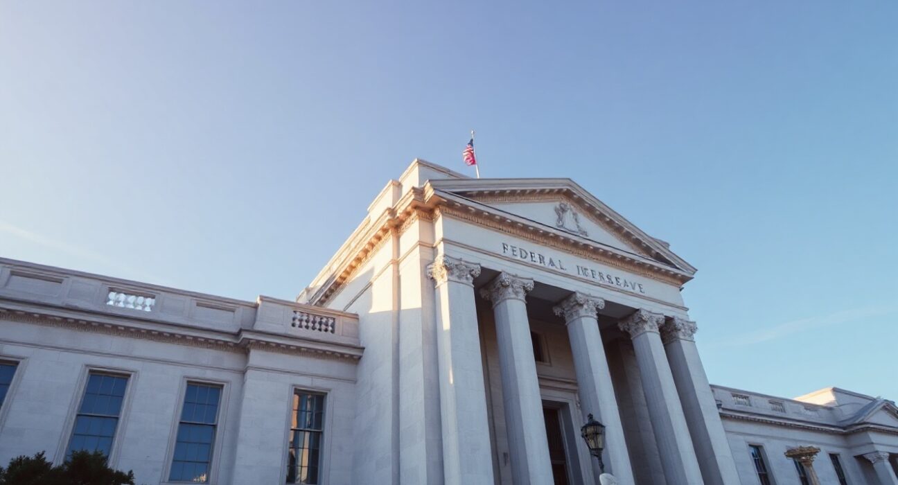 Federal Reserve building in Washington, D.C., under a clear sky, symbolizing monetary policy decisions.