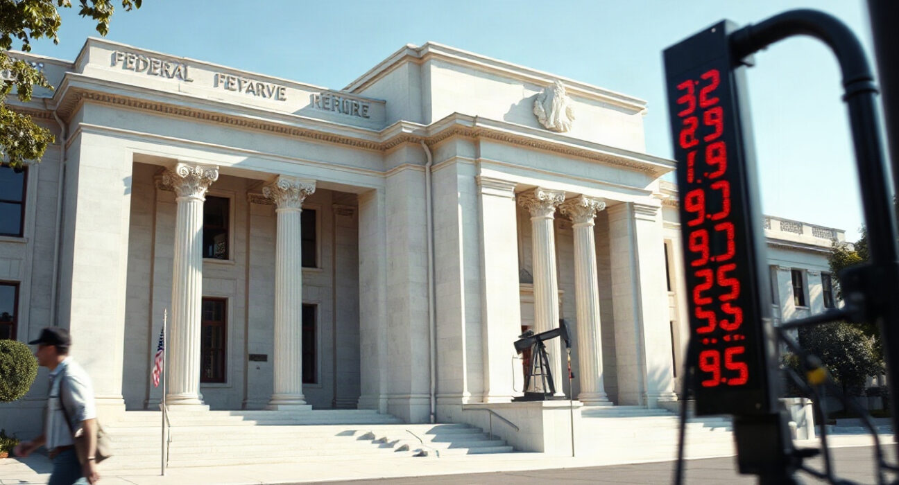 Federal Reserve building with energy price imagery in foreground