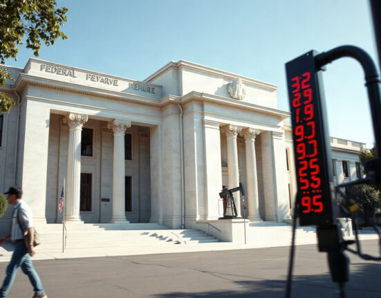 Federal Reserve building with energy price imagery in foreground