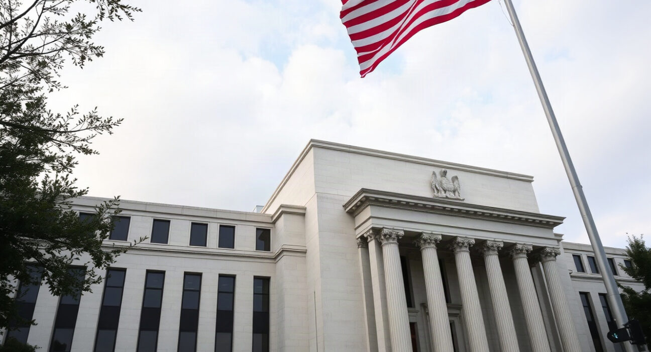 Federal Reserve building in Washington, D.C., on a clear day.