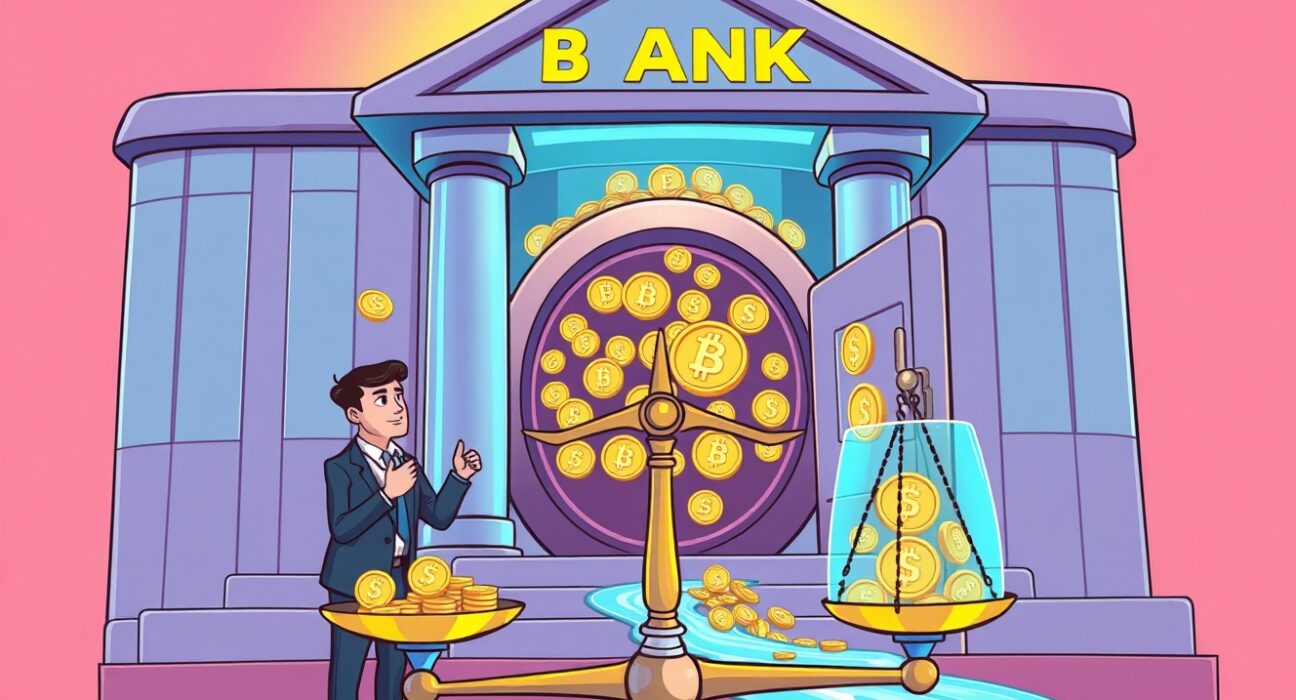 Cartoon illustration of banking regulators developing a stablecoin framework with digital currency symbols