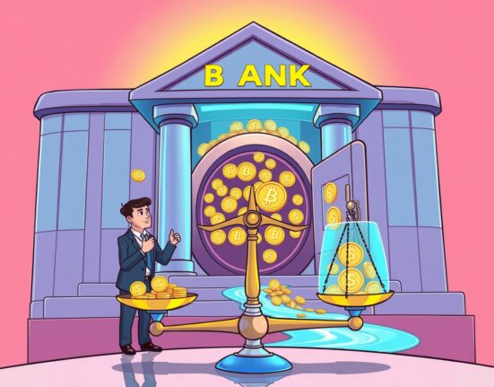 Cartoon illustration of banking regulators developing a stablecoin framework with digital currency symbols