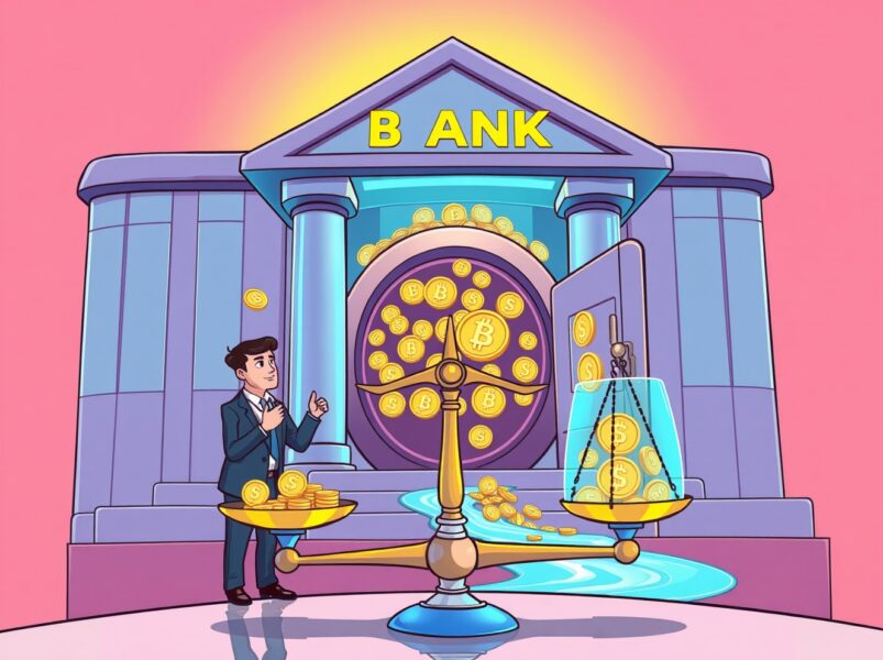 Cartoon illustration of banking regulators developing a stablecoin framework with digital currency symbols