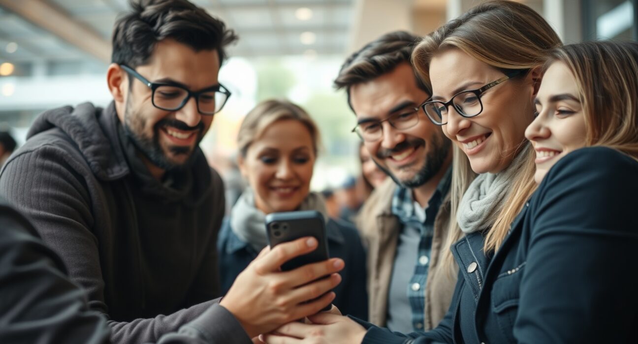 Group of adults looking at a smartphone showing a crypto wallet, representing rising cryptocurrency adoption in the US.