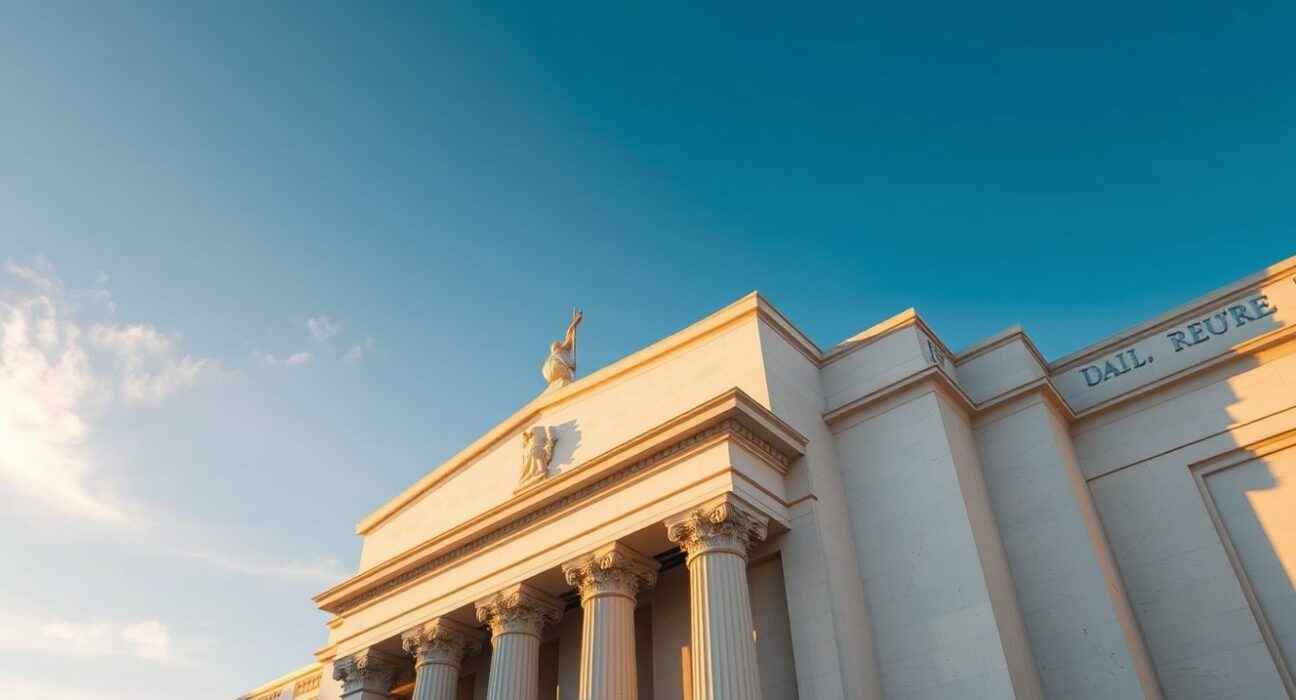 Exterior of the U.S. Federal Reserve building in Washington, D.C. during golden hour.