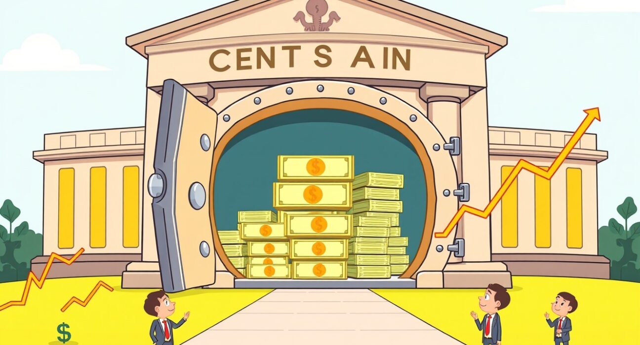 Cartoon illustration of the Federal Reserve initiating crucial Treasury purchases, affecting financial markets.