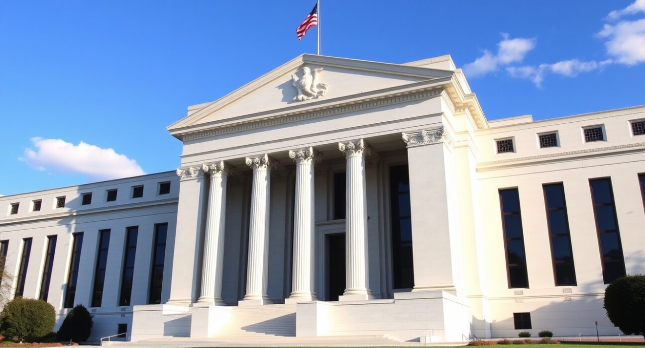 Exterior of the Federal Reserve building in Washington, D.C., on a sunny day.