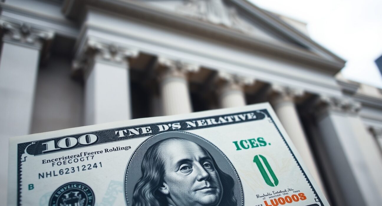 US dollar banknote in focus with blurred Federal Reserve building in background