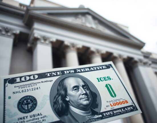 US dollar banknote in focus with blurred Federal Reserve building in background
