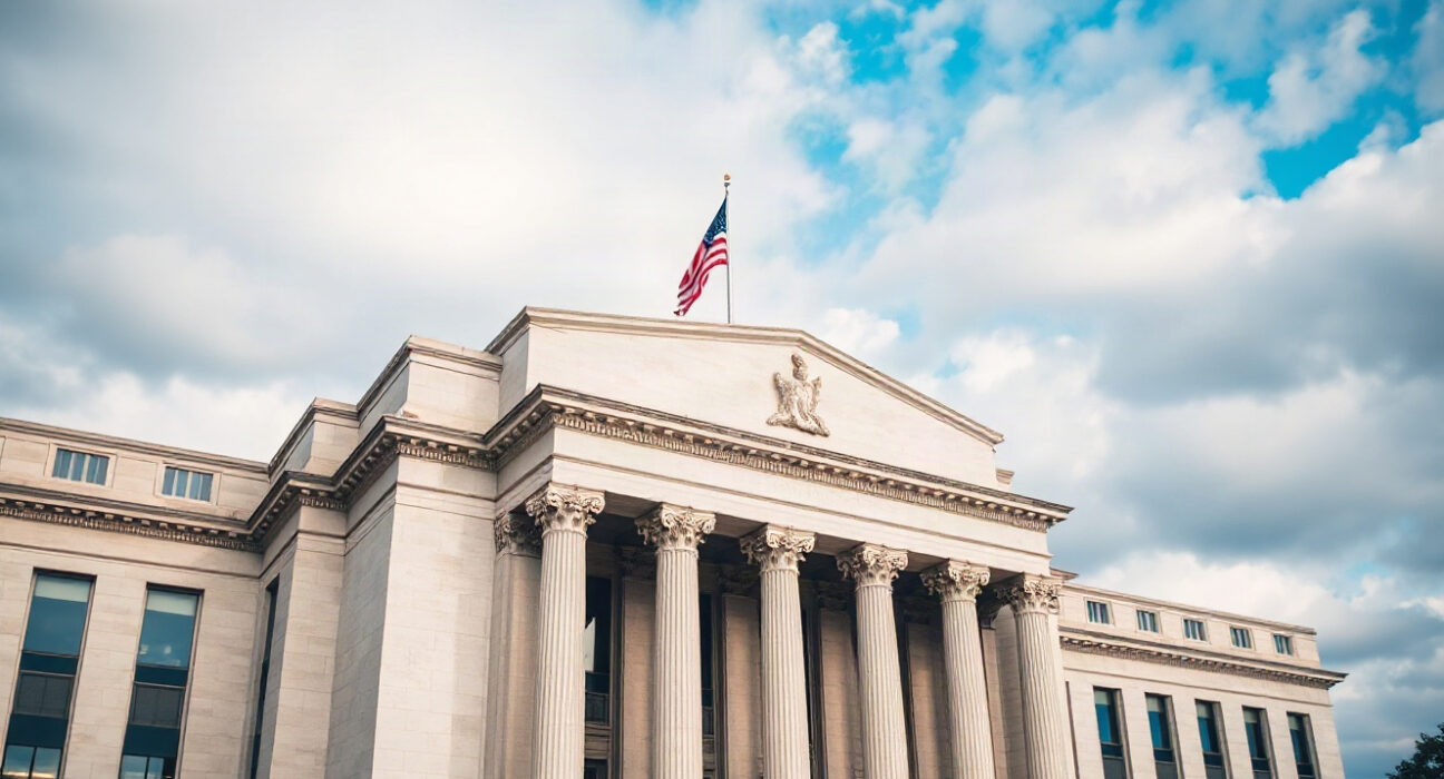 Federal Reserve building in Washington, D.C., under a partly cloudy sky.