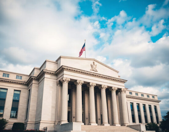 Federal Reserve building in Washington, D.C., under a partly cloudy sky.
