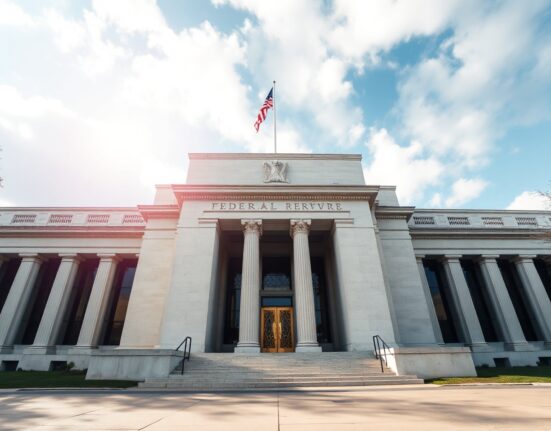 Exterior of the Federal Reserve building in Washington, D.C., on a clear day.