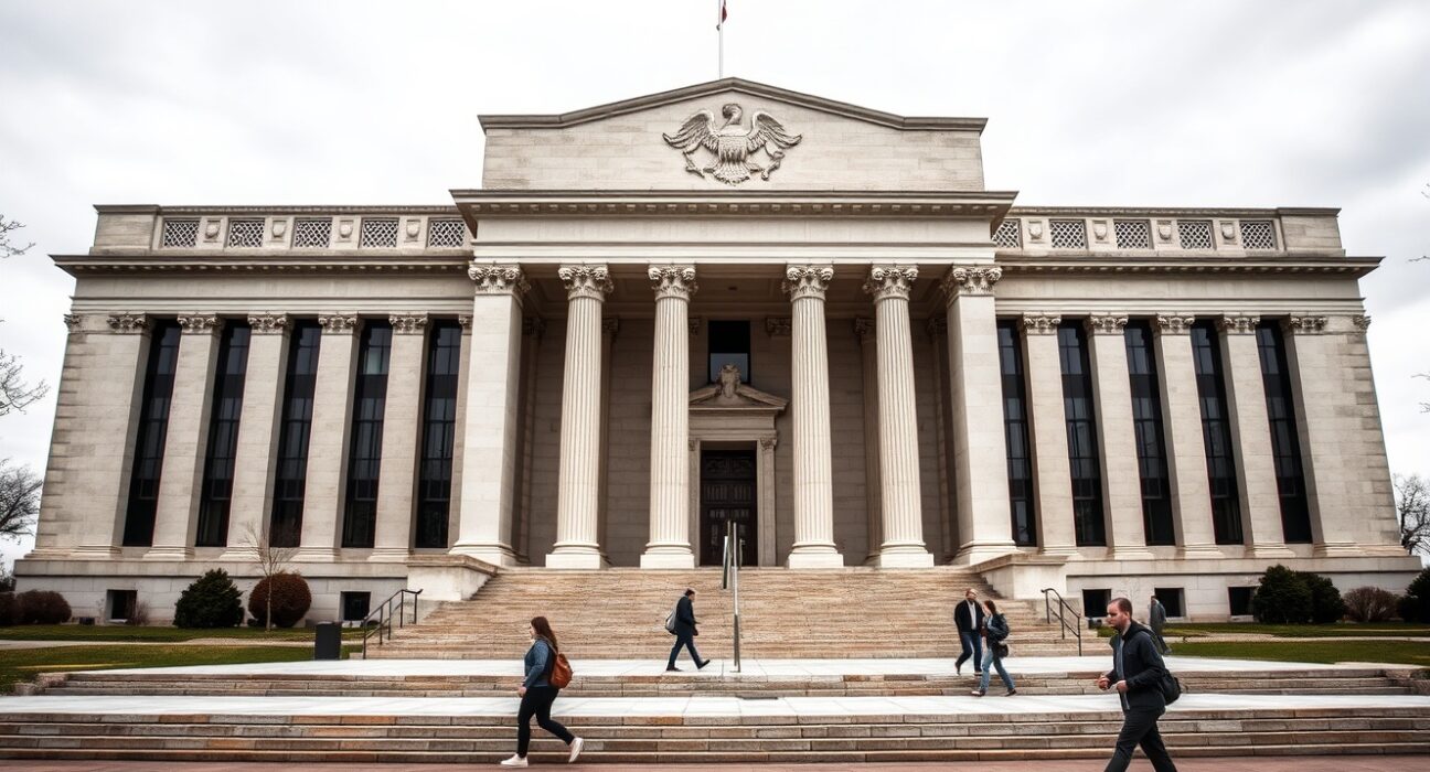 Federal Reserve building exterior on a cloudy day in Washington, D.C.