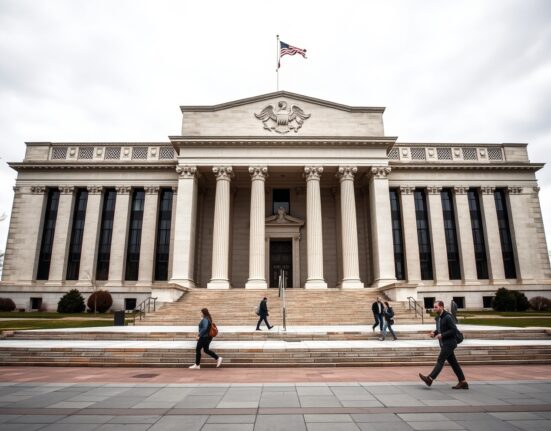 Federal Reserve building exterior on a cloudy day in Washington, D.C.