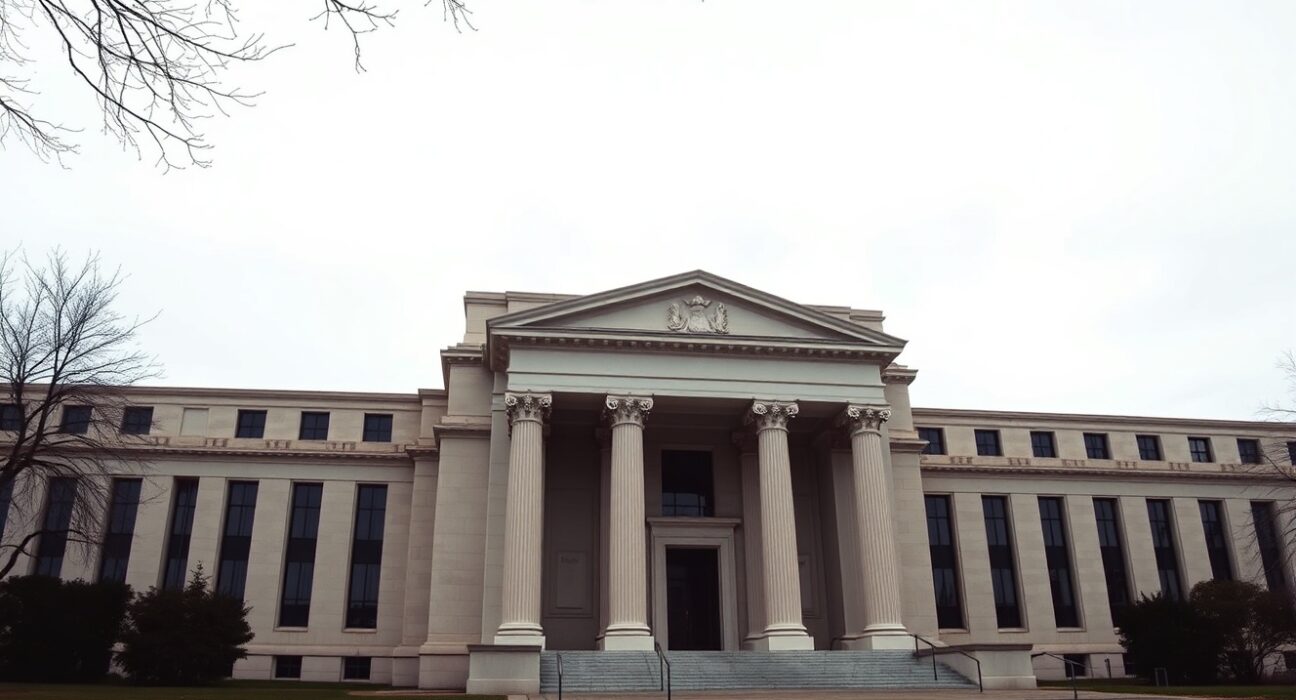 Exterior of the Federal Reserve building in Washington, D.C., on an overcast day.