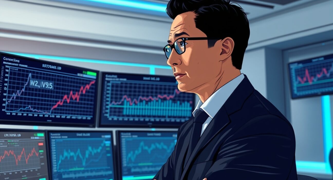 Financial analyst examining Federal Reserve policy data and bond yield curve projections for monetary policy analysis.