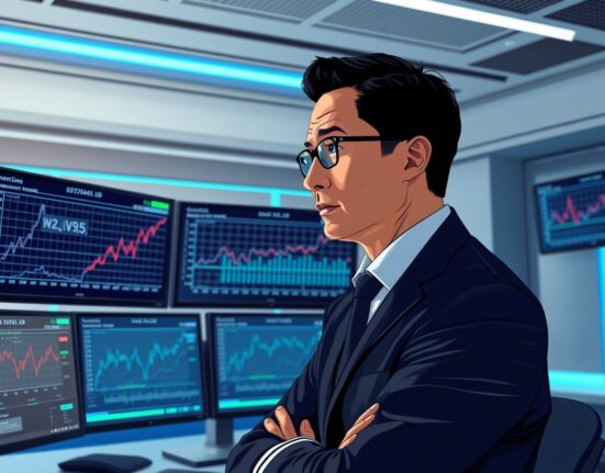 Financial analyst examining Federal Reserve policy data and bond yield curve projections for monetary policy analysis.