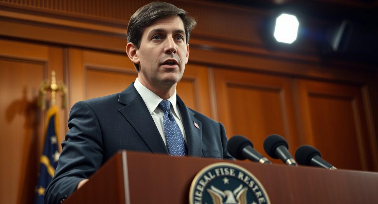 Federal Reserve Chairman Kevin Warsh speaking at a press conference, signaling potential rate hikes.