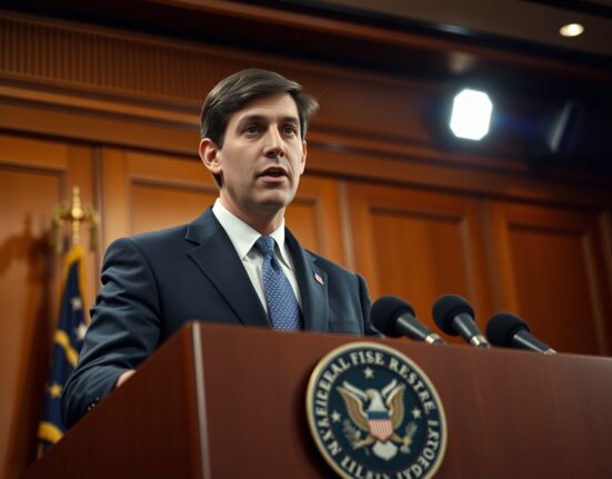 Federal Reserve Chairman Kevin Warsh speaking at a press conference, signaling potential rate hikes.