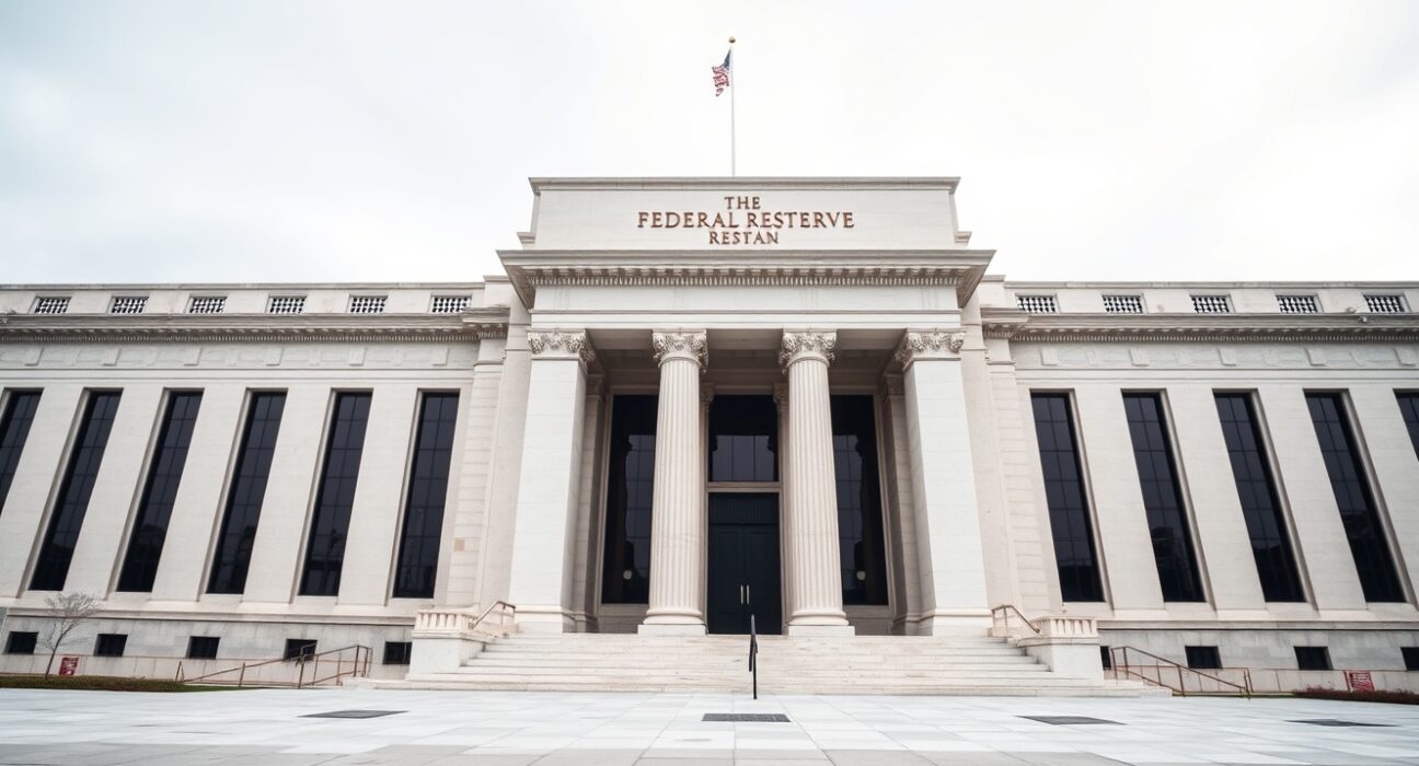 Exterior of the Federal Reserve building in Washington D.C. under overcast sky